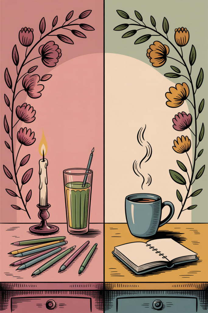 Vintage split illustration comparing an over-styled aesthetic morning routine to a simple real one, in dusty rose and sage green tones.