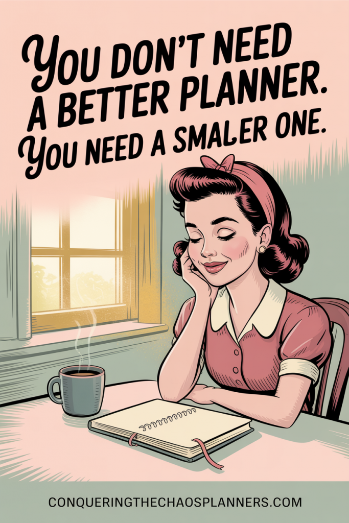 Simple planning for busy moms — a vintage-style illustration of a calm woman with a single closed planner and a coffee mug in soft morning light, with the title "You Don't Need a Better Planner. You Need a Smaller One."