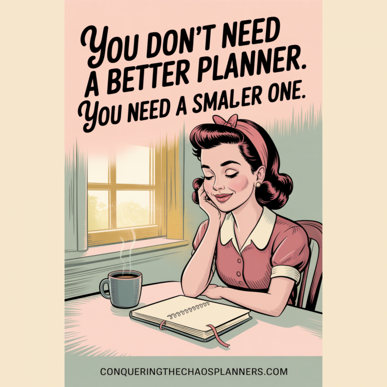 A retro 1950s illustration of a relaxed woman resting her hand on one notebook beside a steaming mug by a sunny window, titled "You Don't Need a Better Planner. You Need a Smaller One."