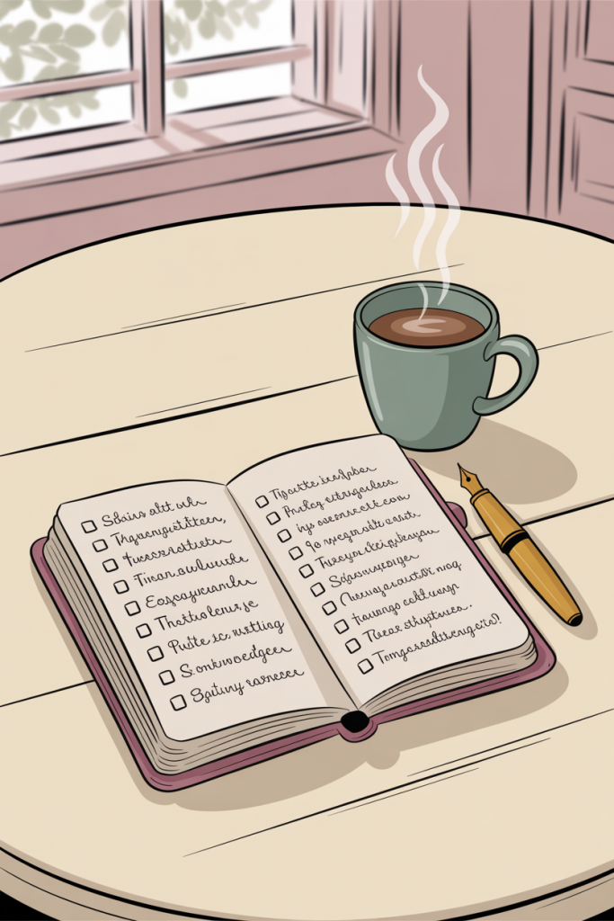 A vintage-style illustration of one open planner with a short handwritten list, a single pen, and a coffee mug on a calm uncluttered table — the smaller, simpler approach to planning.