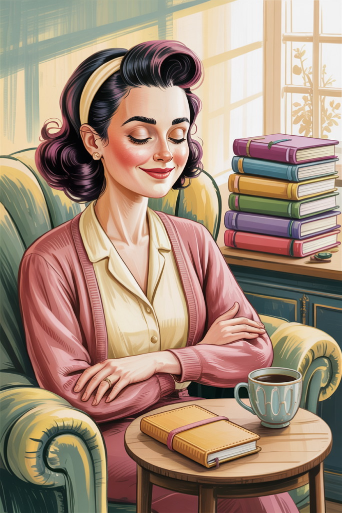 A vintage-style illustration of a relaxed woman resting contentedly beside one planner and a mug, with a stack of extra planners set aside behind her — letting go of the chase for the perfect system.