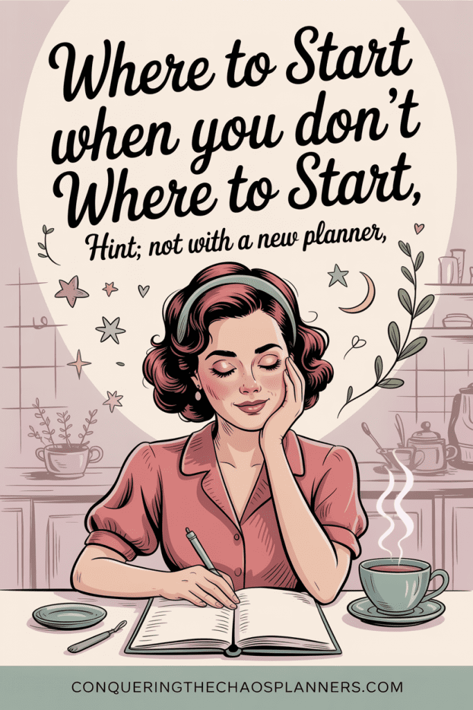 Where to start when overwhelmed — vintage illustration of a woman pausing at her kitchen table with tea and an open notebook