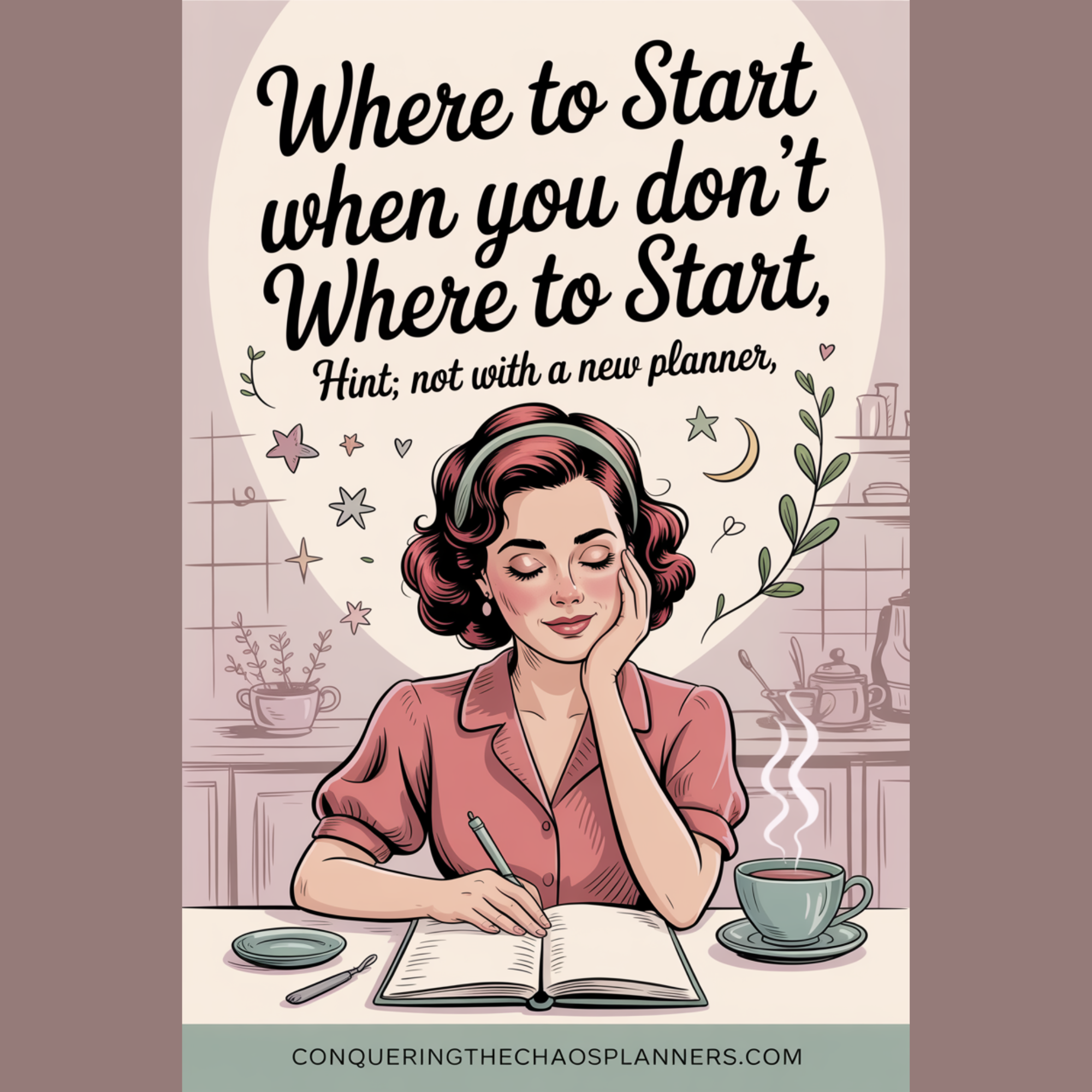 Vintage illustration of a woman sitting peacefully at a kitchen table with a teacup and open notebook, representing where to start when overwhelmed