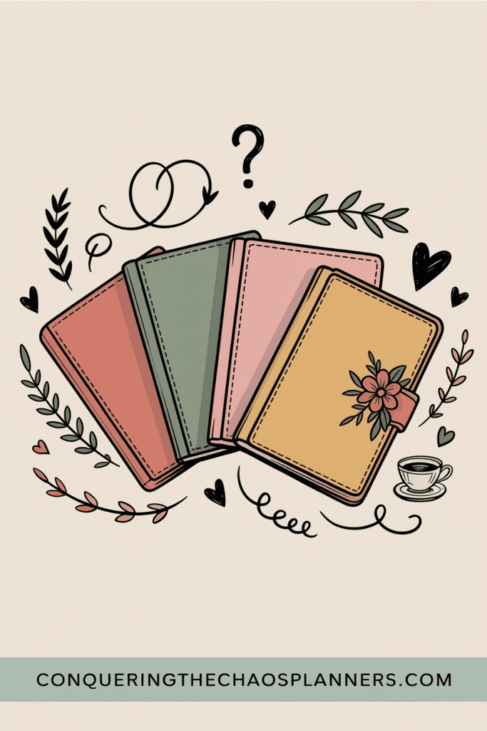 Vintage illustration of several closed planners in dusty pink, sage, and coral fanned out on a table, representing the planner-bouncing cycle