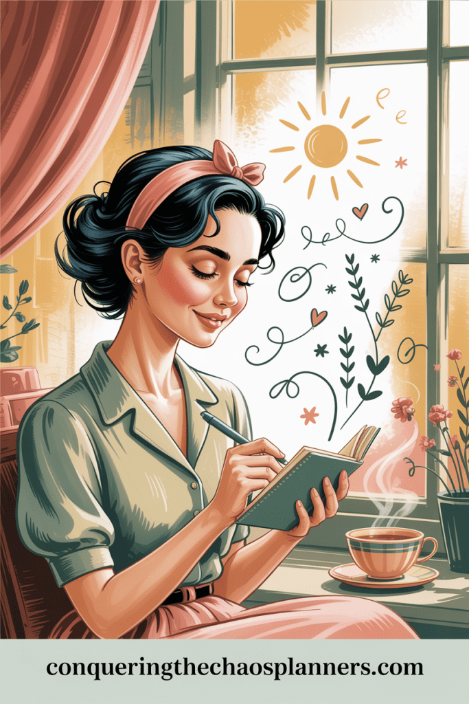 Vintage illustration of a woman pausing peacefully at a sunlit window with a small notebook, representing a daily anchor habit
