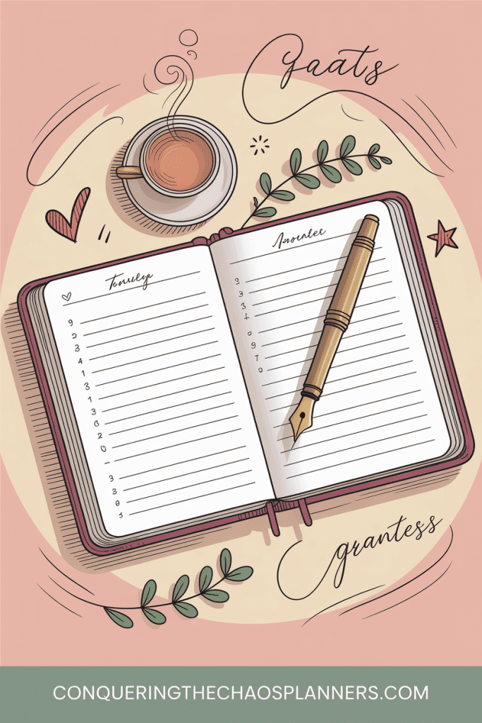 Vintage illustration of an open planner with one small handwritten note and a teacup nearby, representing a small daily planning habit