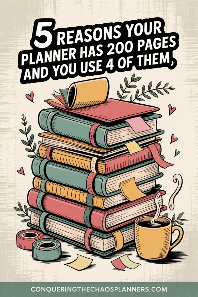 Illustrated stack of overstuffed planners with sticky notes and tabs — why planners fail when they have too many sections.