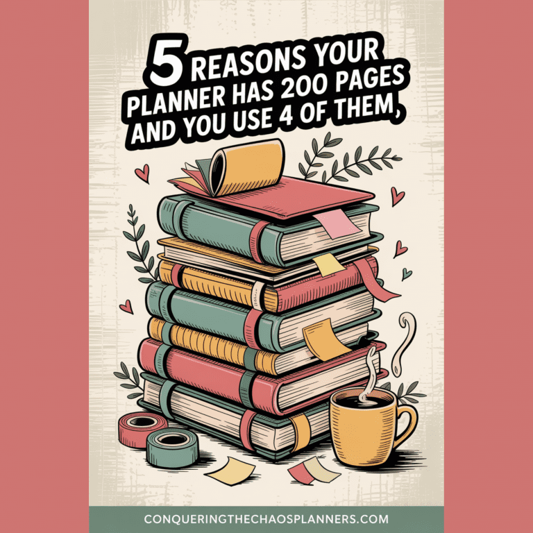 Why planners fail: illustrated stack of overstuffed planners with colorful tabs, sticky notes, and a coffee mug — the elaborate planning systems that quietly stop working by week three.