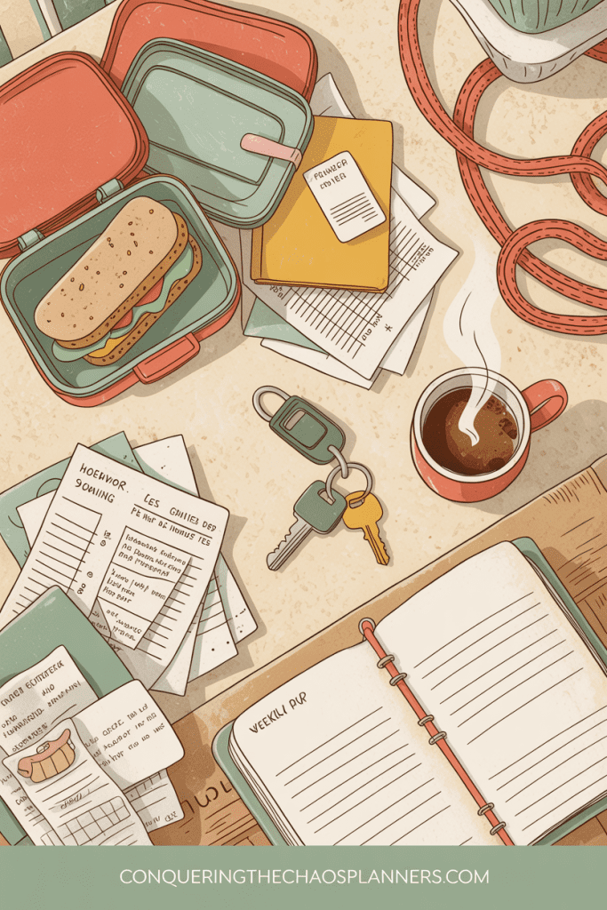 Illustrated messy kitchen counter with a forgotten lunchbox, permission slip, and a pushed-aside planner — the real week elaborate planners aren't designed for.