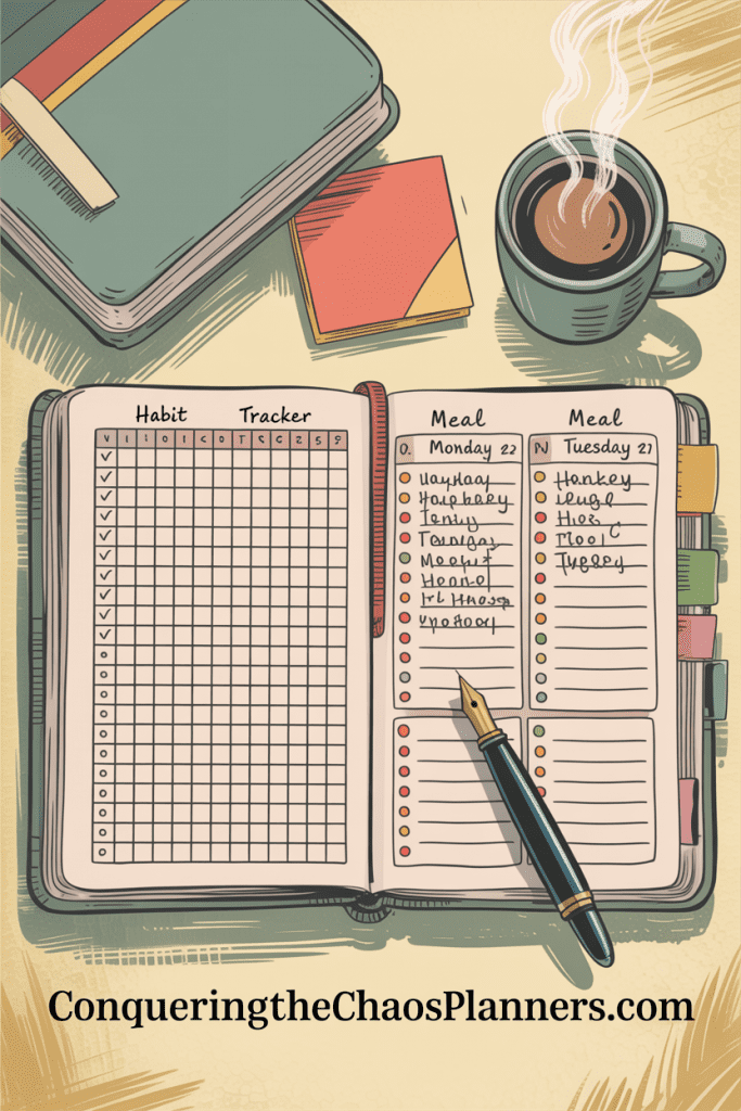 Illustrated open planner with empty habit tracker rows and a half-filled meal planner — why planners fail when every section demands daily maintenance.