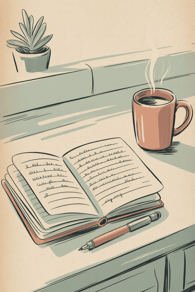 Illustrated small simple notebook open on a kitchen counter with coffee — the minimalist planner that survives a real week.