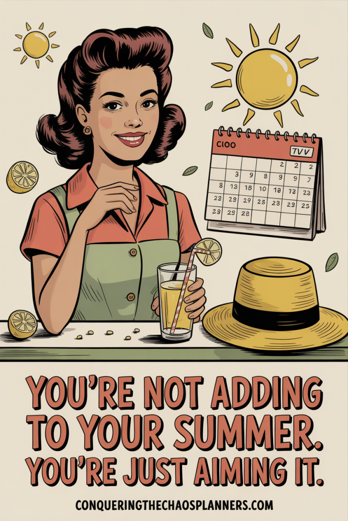 Vintage-style illustration of a woman with victory-roll hair holding lemonade beside a summer calendar, representing how to actually do your summer bucket list