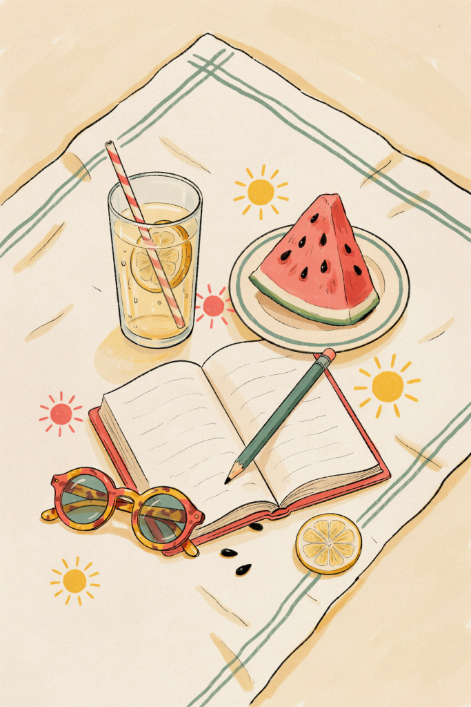 Flat-lay illustration of a notebook, watermelon, and lemonade on a porch table, representing how to aim summer time toward the bucket list