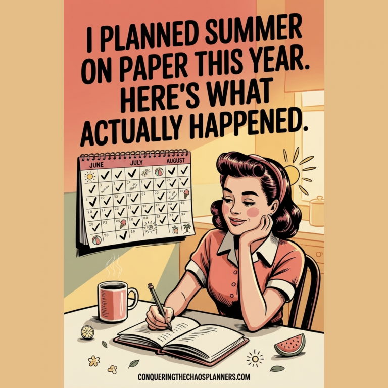 whimsical illustration of a 1950s woman writing summer plans in a notebook with a coffee mug and calendar nearby