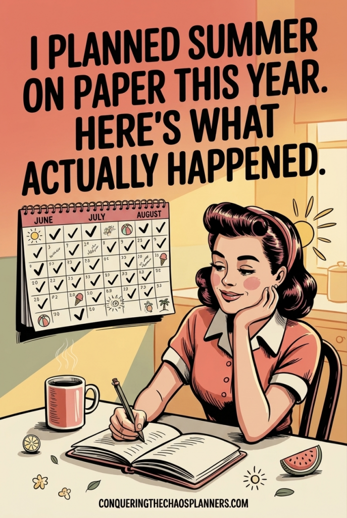 how to plan your summer — retro illustration of a woman writing in a notebook at a sunny kitchen table