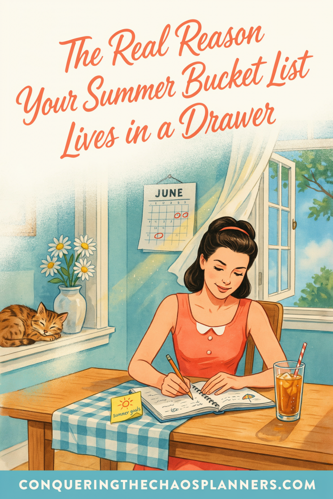 Vintage 1950s illustration of a retro woman writing summer bucket list ideas in a planner at a sunny kitchen table with a wall calendar in the background.