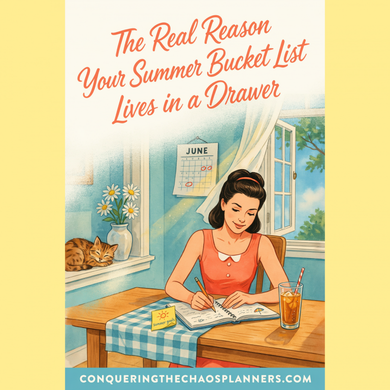 Retro illustrated woman writing in a planner at a bright summer kitchen table — her bucket list finally meeting the calendar.