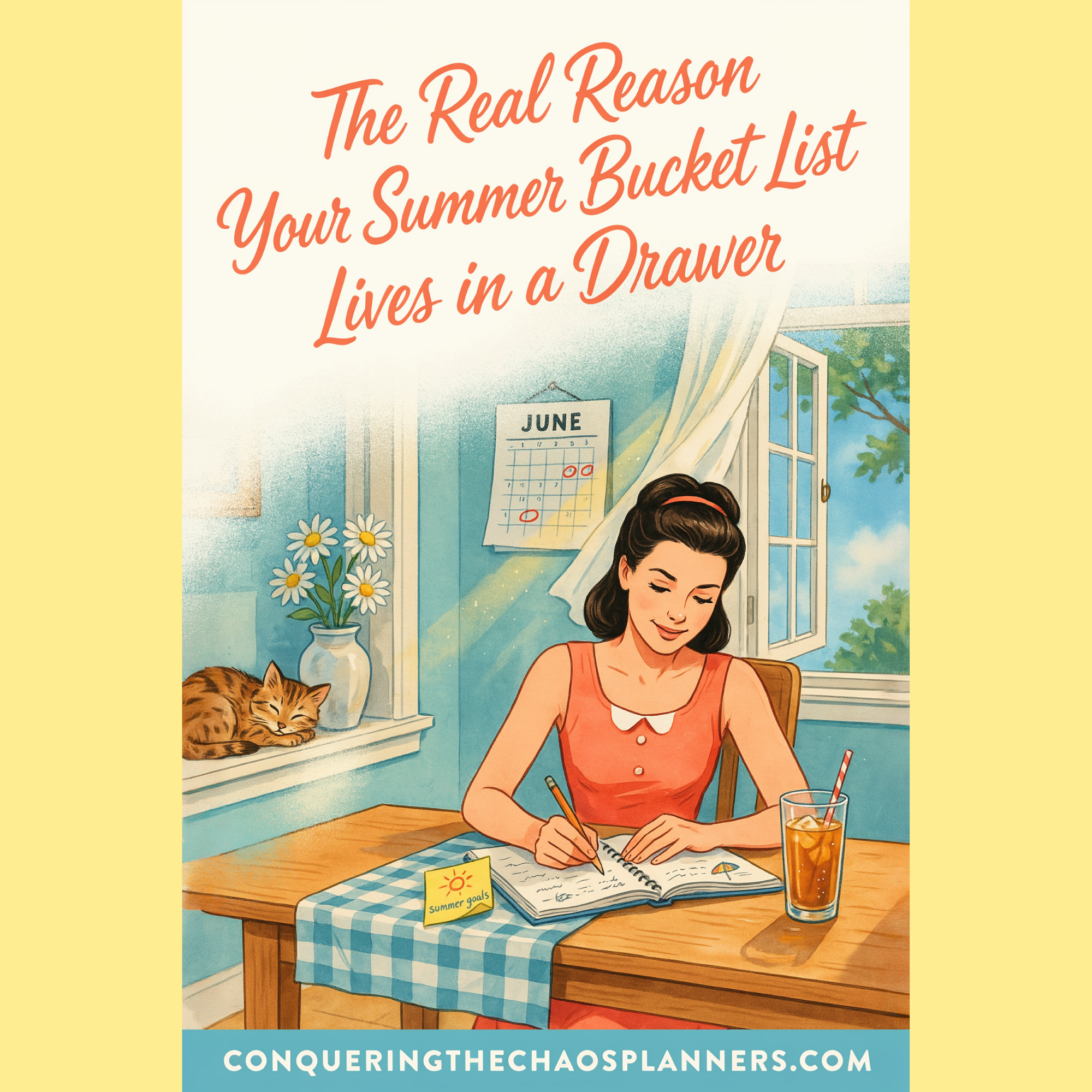 Retro illustrated woman writing in a planner at a bright summer kitchen table — her bucket list finally meeting the calendar.