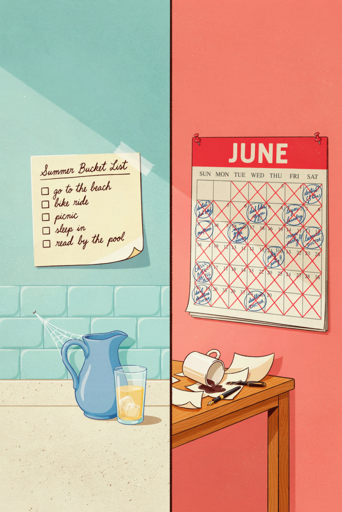 A vintage illustration showing a forgotten summer bucket list on a sticky note beside a busy calendar — two documents that never meet.