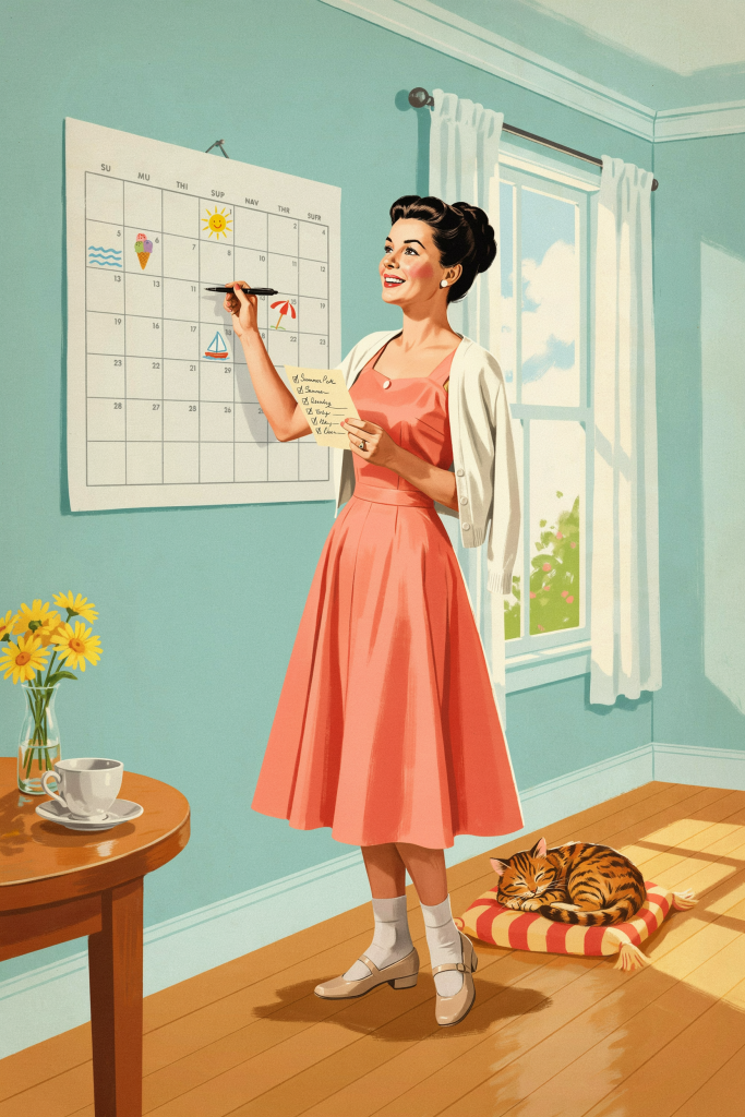 A cheerful vintage illustrated woman circling summer dates on a wall calendar, moving items from her bucket list onto the calendar where they can actually happen.