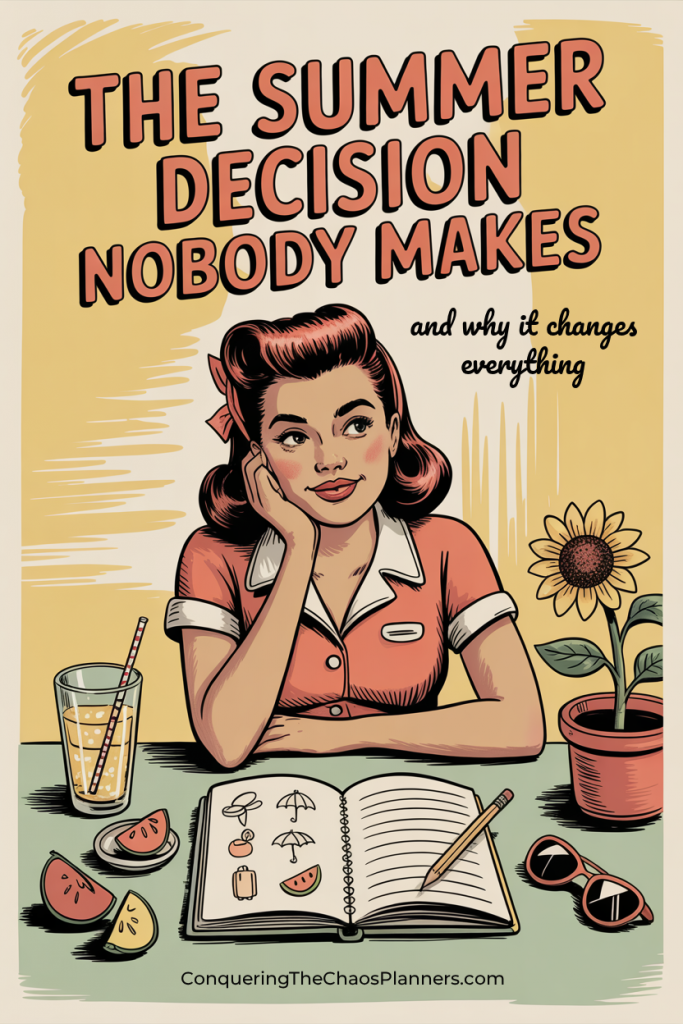 Illustrated retro woman journaling at a sunny table, an example of summer planning for moms thinking through what to keep and what to let go of this summer