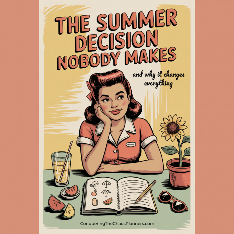 Vintage-style illustration of a woman planning her summer at a table, summer planning for moms looking at one list of things to do and one list of things to skip