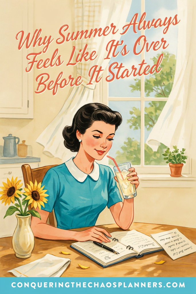 Why does summer go by so fast — vintage illustration of a woman with a planner and summer bucket list