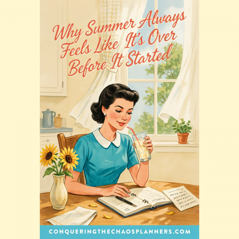 Retro 1950s illustration of a woman sitting at a sunny kitchen table with an open planner, iced drink, and sunflowers, looking thoughtfully out the window