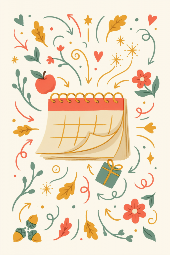 Vintage illustration of a crowded calendar surrounded by seasonal symbols representing how fall, winter, and spring all announce themselves