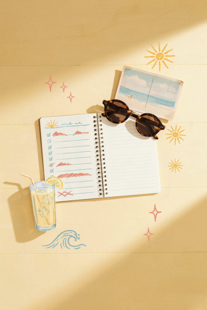 Vintage illustration of an unfinished summer bucket list on a notepad beside sunglasses and an iced lemonade — the feeling of summer slipping by