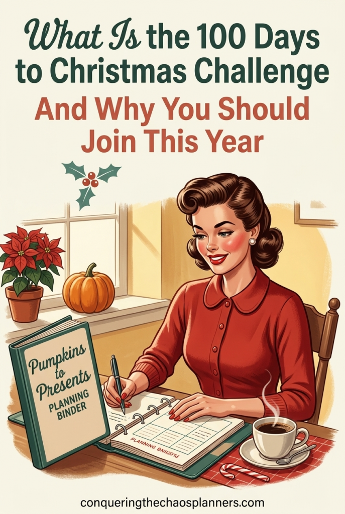 Vintage 1950s woman planning the holidays at a cozy desk — what is the 100 days to christmas challenge and why you should join this year