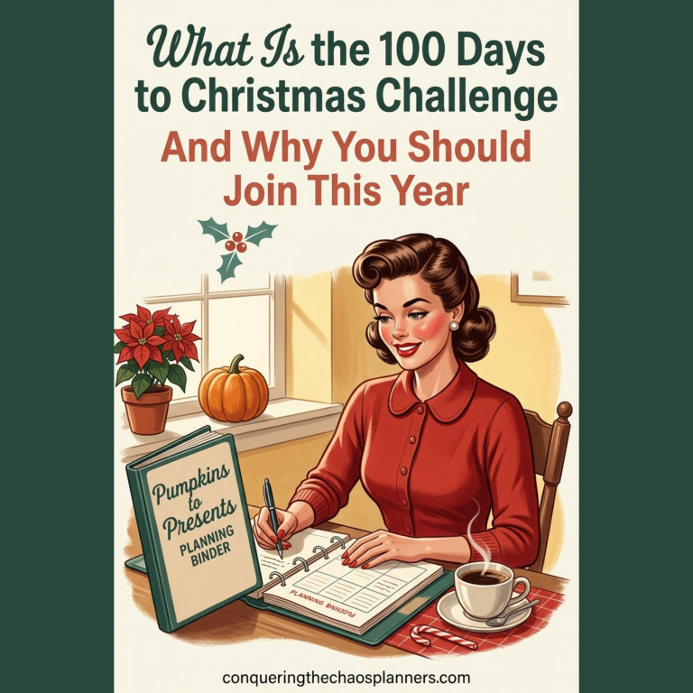 1950s vintage illustration of a woman writing in a holiday planning binder — join the free 100 days to christmas challenge starting September 16th