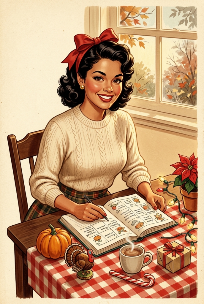 Vintage 1950s woman planning the full holiday season from fall through Christmas at a cozy kitchen table