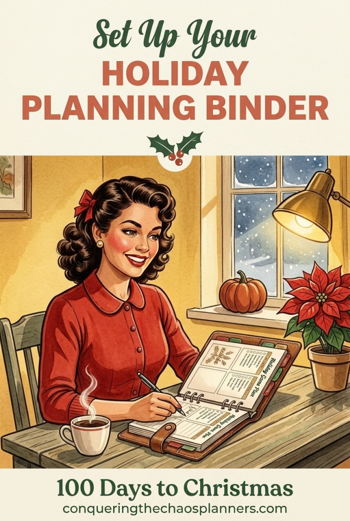 Free printable holiday planning binder — vintage illustration of a woman at a desk with the text Set Up Your Holiday Planning Binder and conqueringthechaosplanners.com"