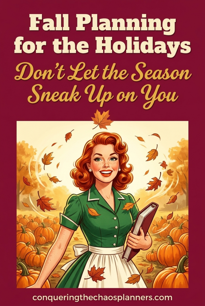 Vintage 1950s woman at a pumpkin patch with a holiday planning binder — fall planning for the holidays so the season does not sneak up on you