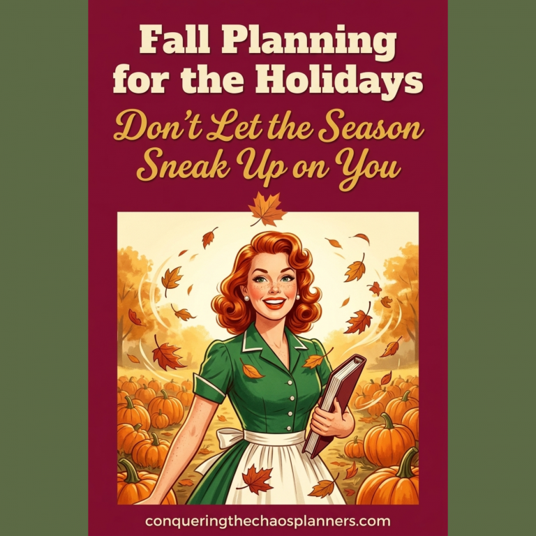 1950s vintage illustration of a woman enjoying fall while planning for the holidays — use these golden weeks wisely for a stress free Christmas