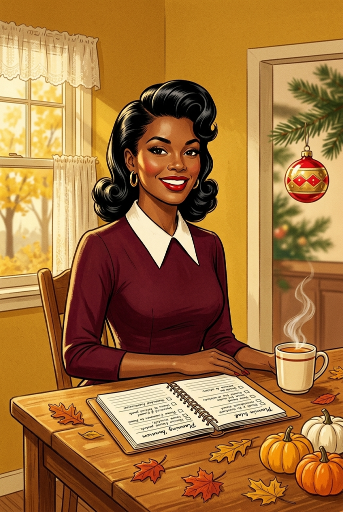 Confident vintage 1950s woman planning for the holidays in fall — why fall is your secret weapon for a stress free holiday season