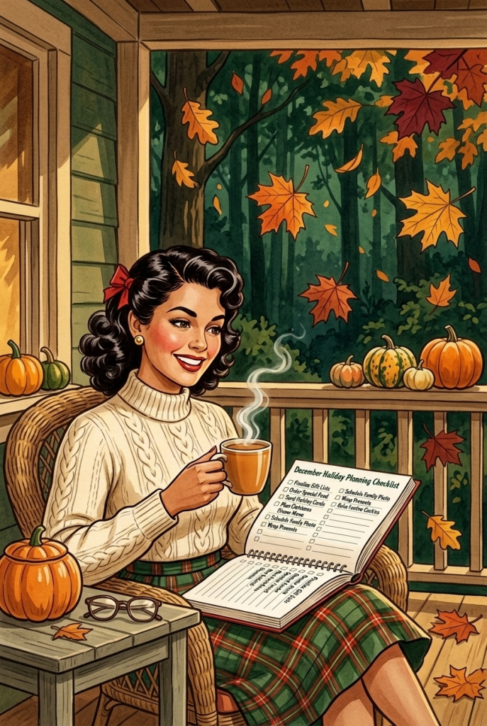 Relaxed vintage 1950s woman enjoying fall on her porch with holiday planning already handled — fall planning for the holidays done right