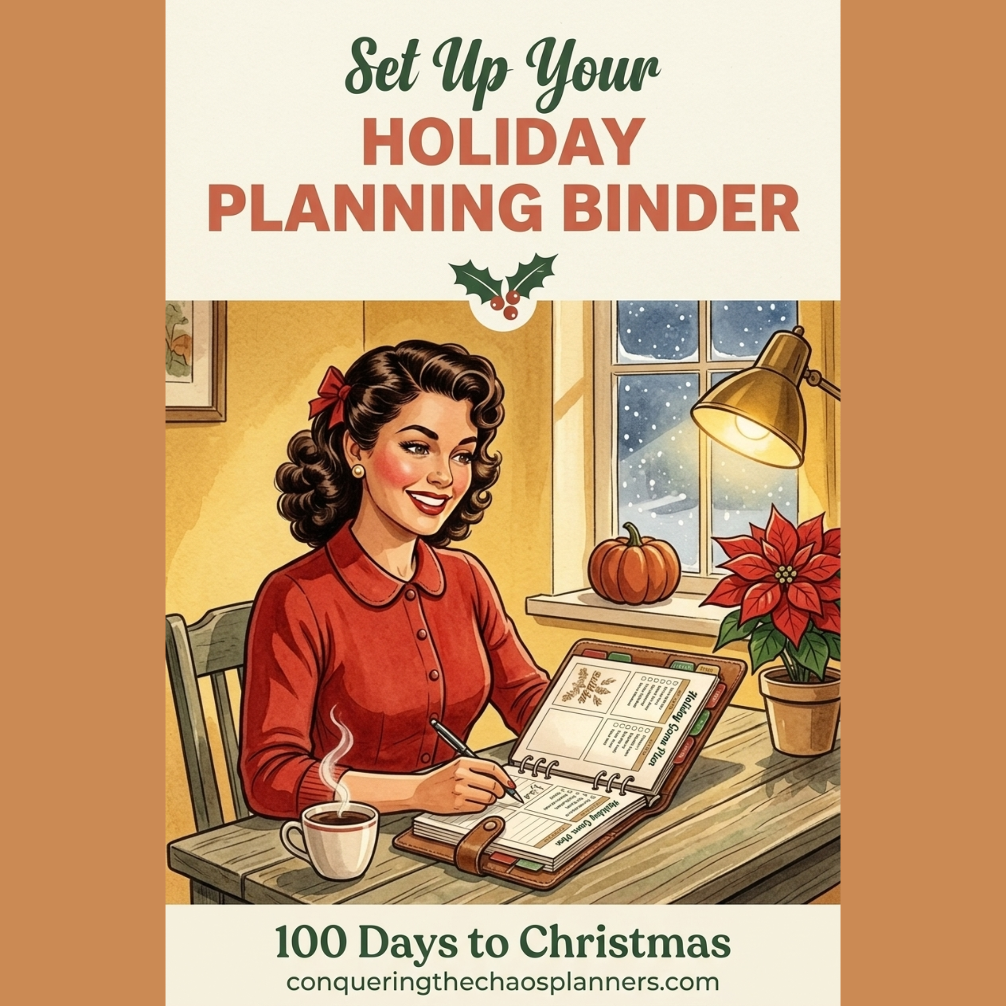 Vintage 1950s illustration of a woman writing in a holiday planning binder at a wooden desk with a pumpkin and poinsettia nearby