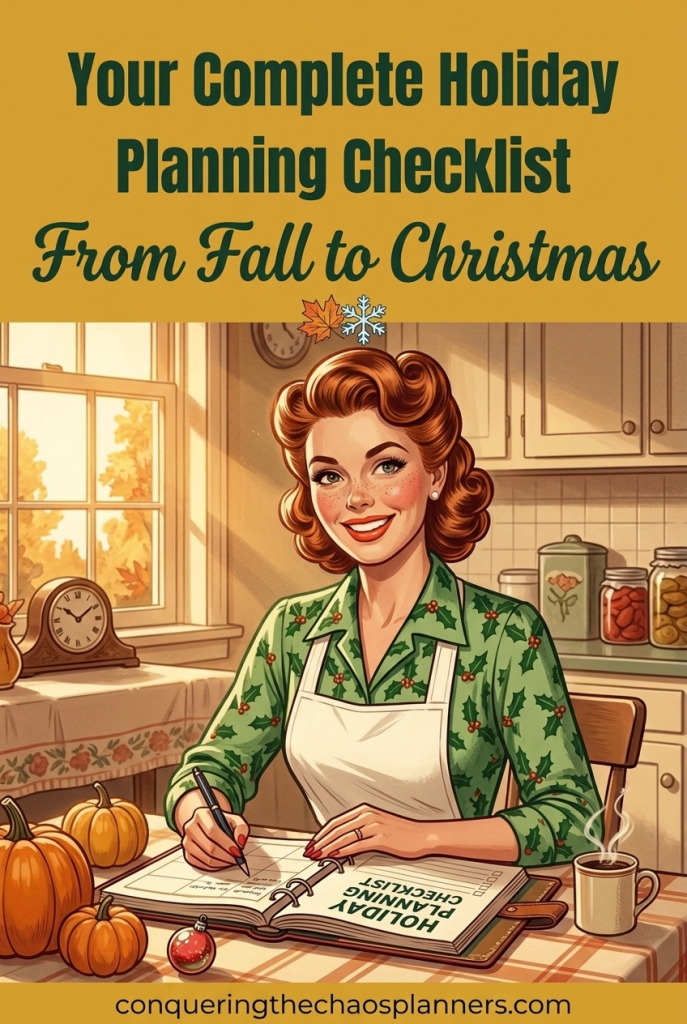 Vintage 1950s woman working through a complete holiday planning checklist from fall to Christmas — everything you need in one place
