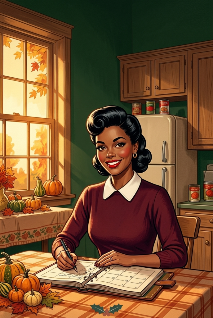 Confident vintage 1950s woman checking off her fall holiday planning checklist — get ahead of the holidays starting in September