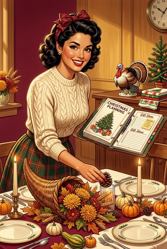 Vintage 1950s woman setting a Thanksgiving table with Christmas planning already underway in the background — your complete holiday planning checklist