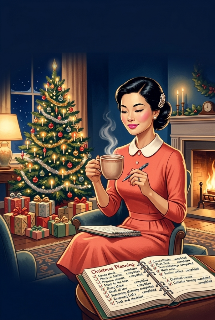 Calm peaceful vintage 1950s woman on Christmas morning with a completed holiday planning checklist — how to have a stress free holiday season