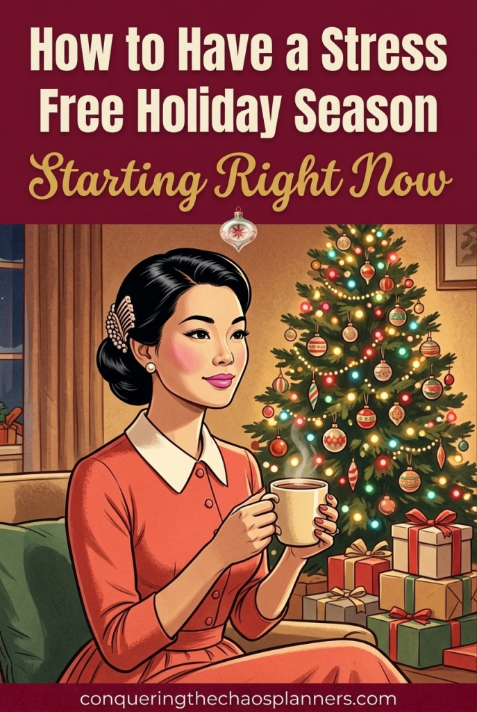 Vintage 1950s woman relaxing by a glowing Christmas tree with cocoa — how to have a stress free holiday season starting right now