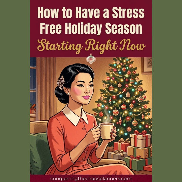 1950s vintage illustration of a calm organized woman enjoying a peaceful Christmas evening — five shifts for a stress free holiday season