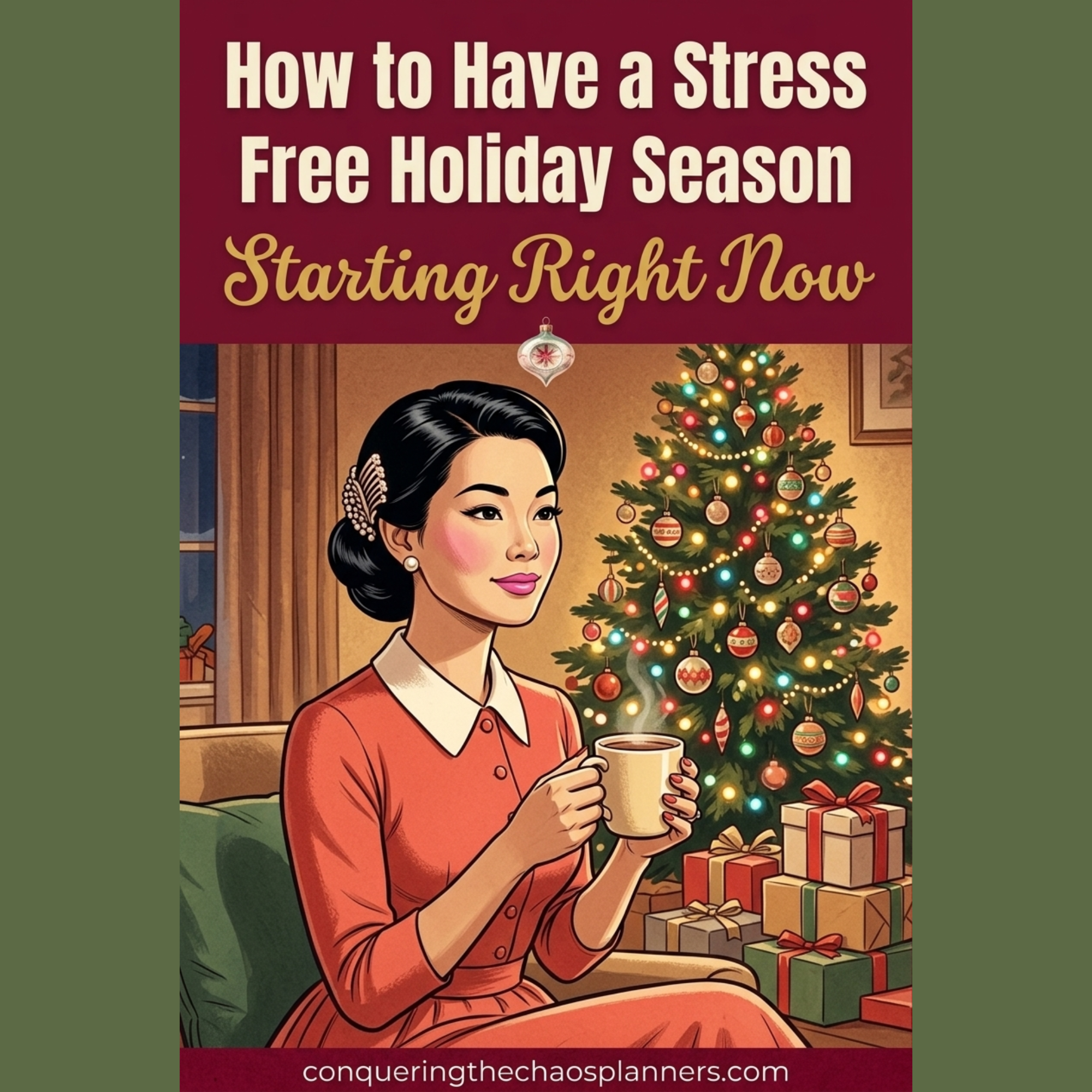 how to have a stress free holiday season starting right now with woman sitting next to christmas tree drinking coffee