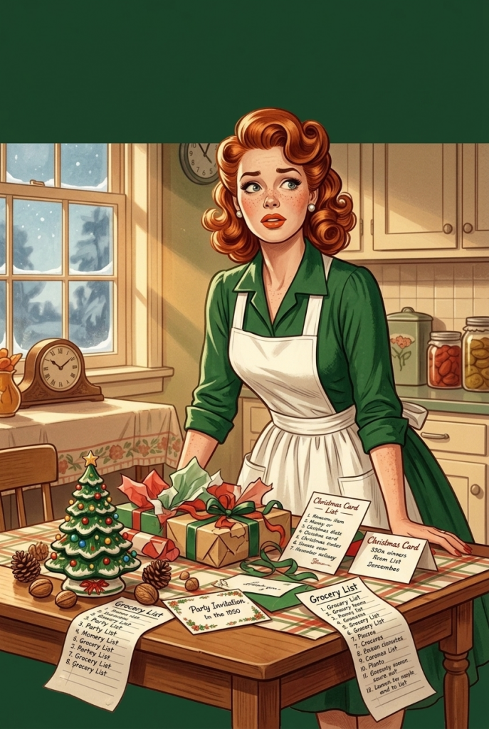Overwhelmed vintage 1950s woman surrounded by too many holiday tasks at once — the real reason the holidays feel stressful and how to fix it