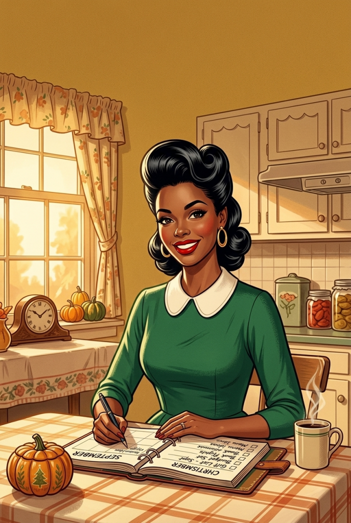 Calm confident vintage 1950s woman with a holiday planning checklist in September — how to have a stress free holiday season starting now