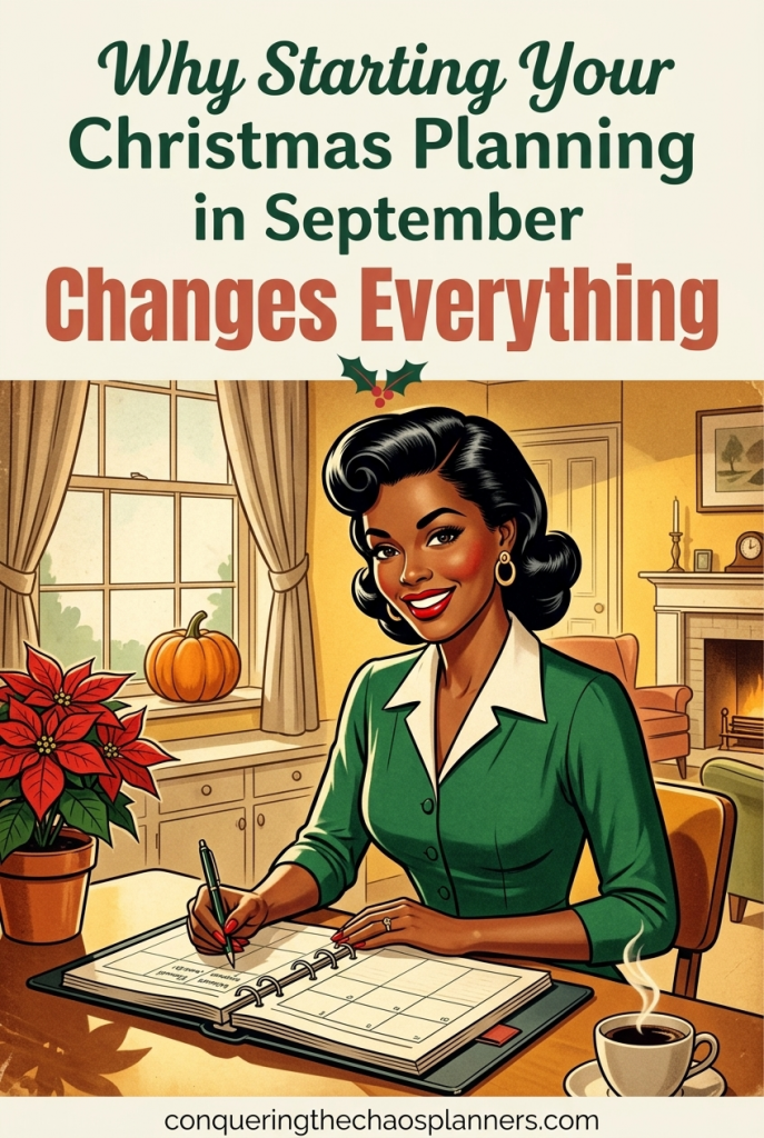 Vintage 1950s woman writing in a Christmas planning binder in September — why starting your Christmas planning early changes everything