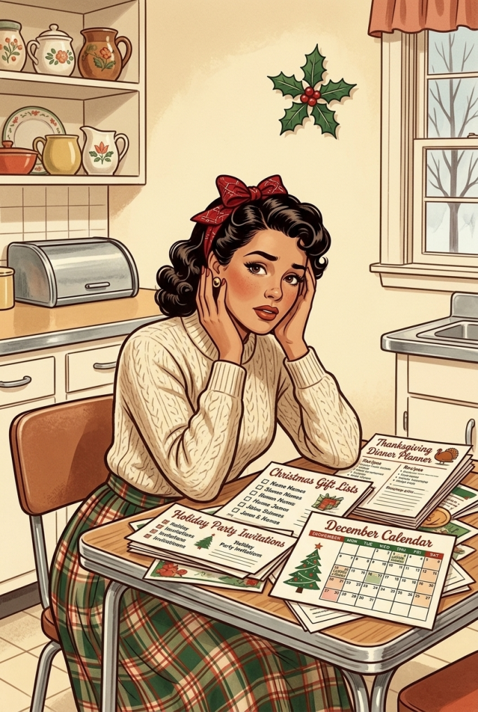 Overwhelmed vintage 1950s woman with too many holiday tasks piling up at once — why waiting until November to start Christmas planning always backfires